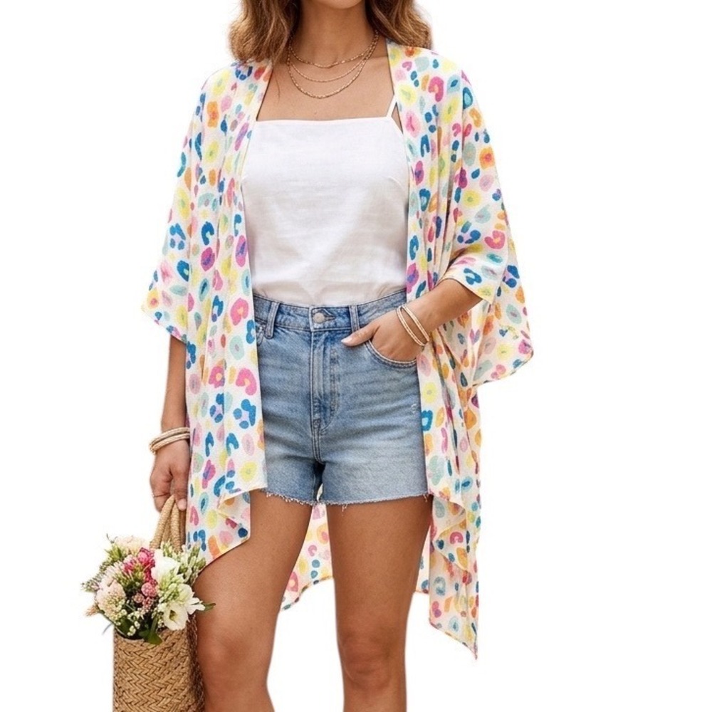 Viv & Lou Womens Multicolor Leopard Print Kimono Wrap One Size Open Front Beach